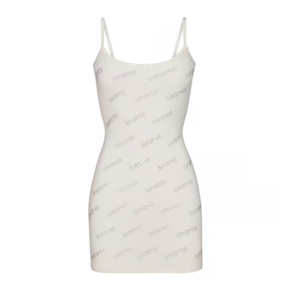 Skims Rhinestone Logo Pointelle Mini Slip Dress - Marble